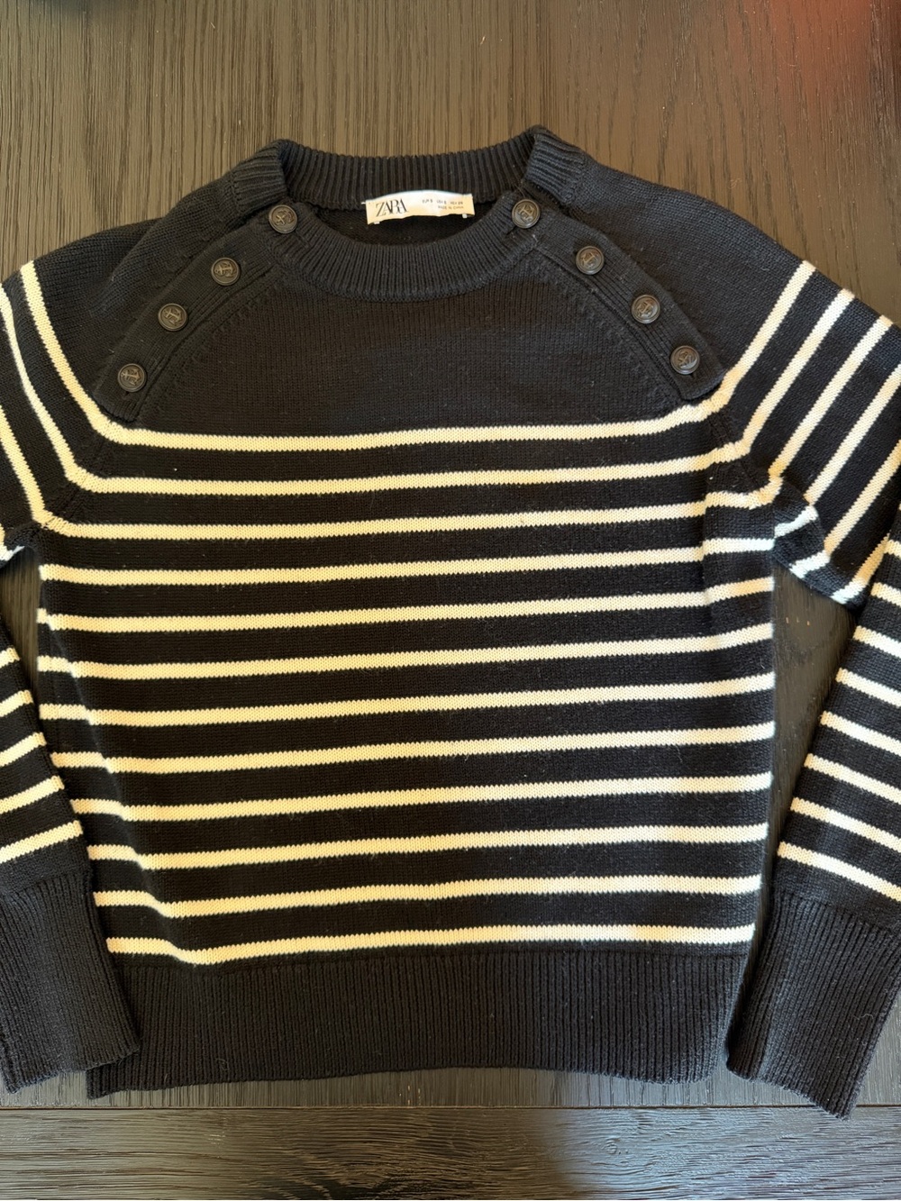 Zara Marinière Stripe Crewneck Sweater Shoulder Buttons Size S Nautical Knit